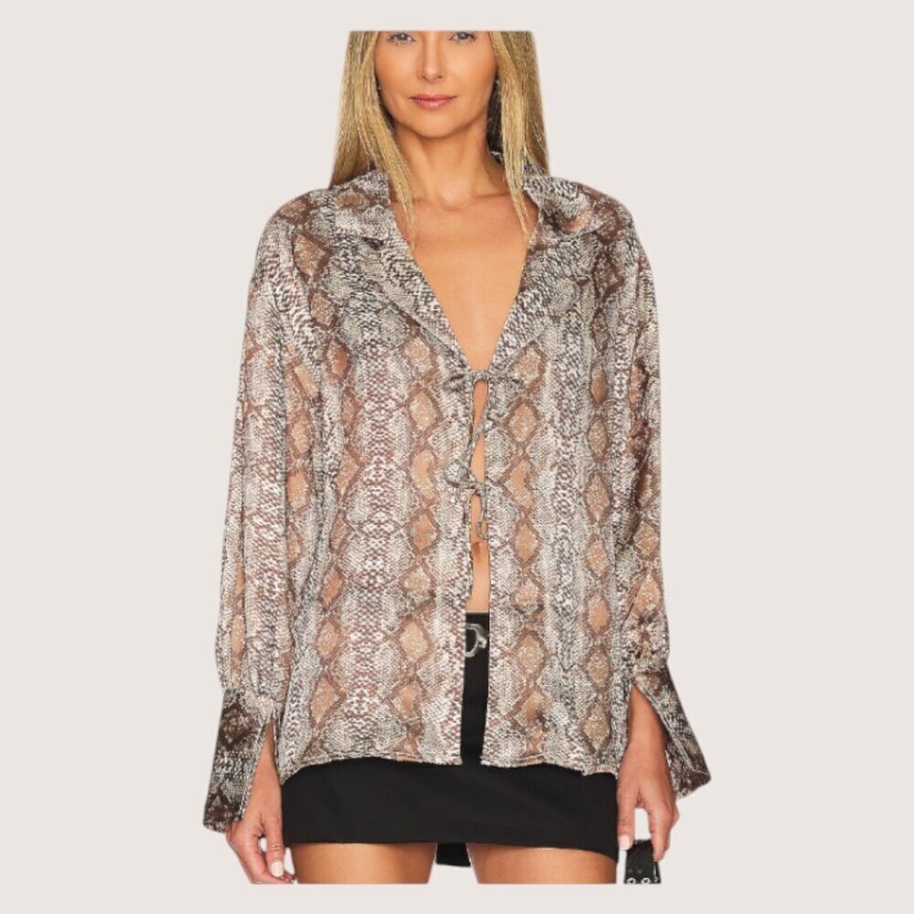 Ena Pelly Cuffed Long Sleeve Front Tie Shirt Women's Snake Skin Brown Sz 6/8 NWT